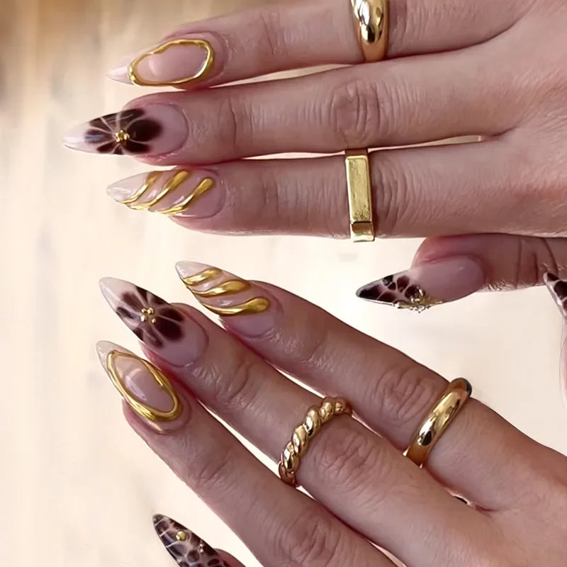 3D Gold Glitter Fake Nail Mid-length Almond Spice Girls False Nails with Stiletto Detachable Nail Tips Art Press on Nails 24Pcs