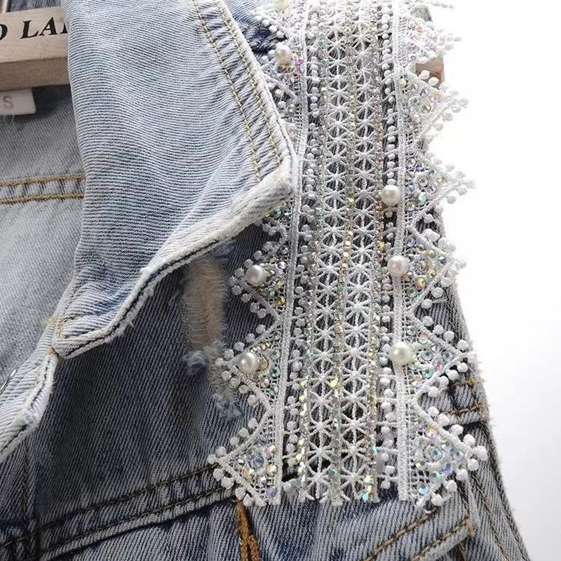 Women's Korean Style Lace Beaded Denim Vest Denim Waistcoat Fashion Cardigan Sleeveless Cropped Top Loose Plus Size Ripped Vest