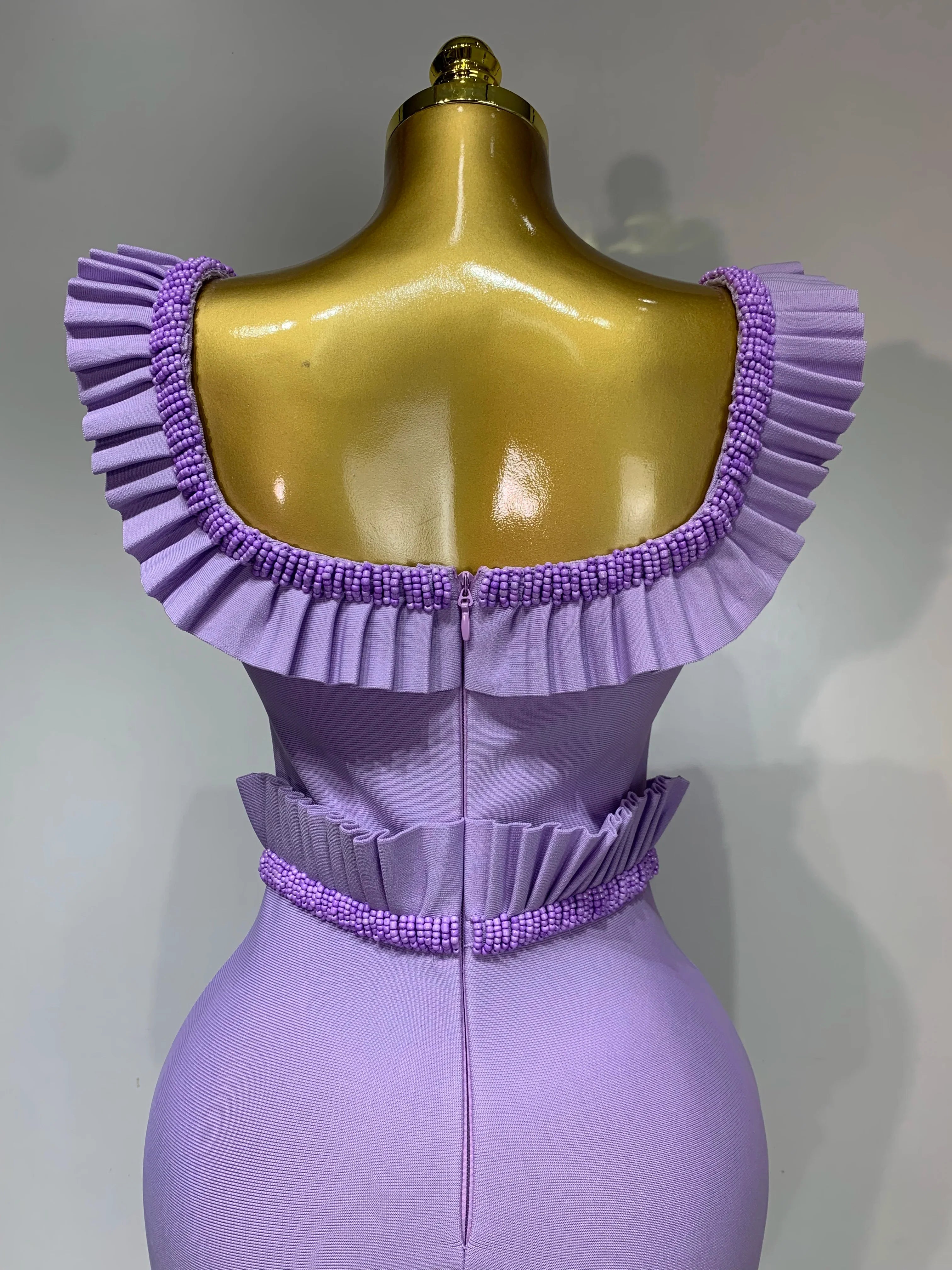 Women Sexy Square Collar Ruffles Beading Long Bodycon Bandage Dress Celebrity Elegant Evening Club Party Birthday Dress