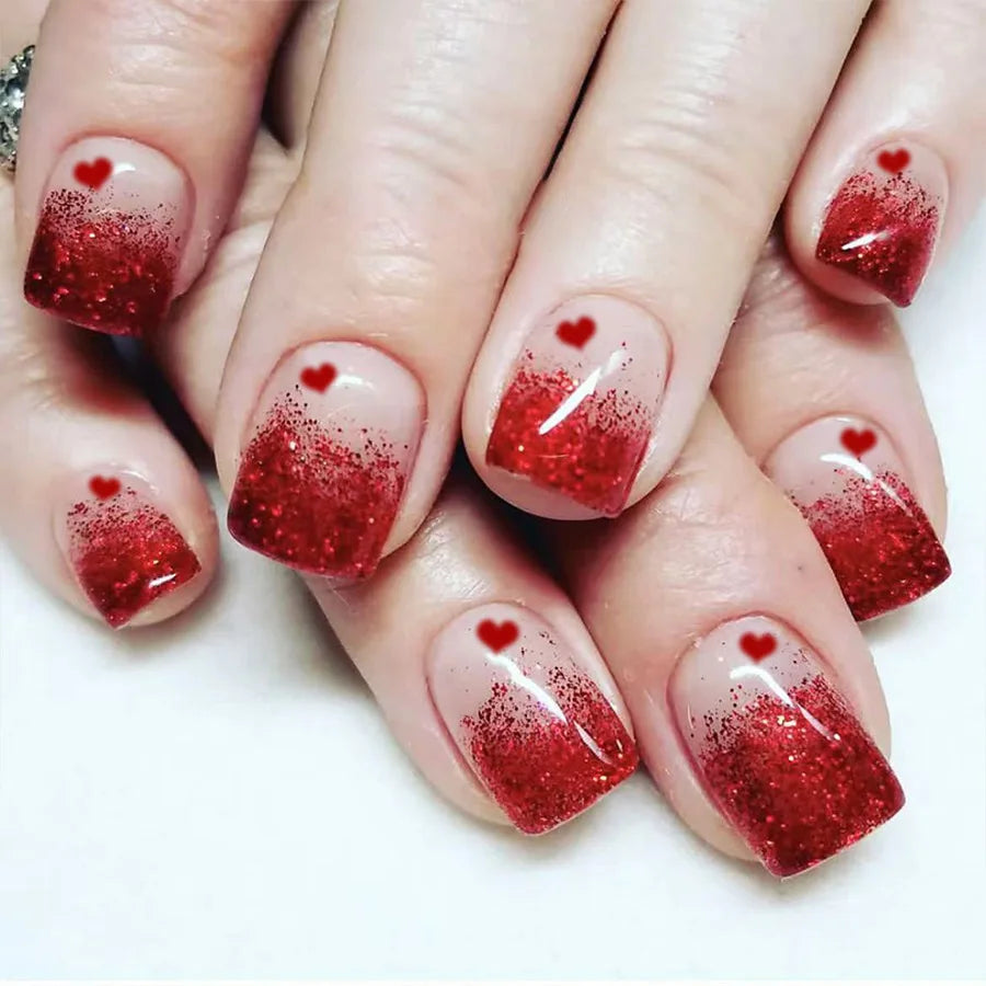 24Pc Square French Fake Nails with Heart Love Designs Glossy White Pink Press on Nails Full Cover False Nail for Valentine's Day