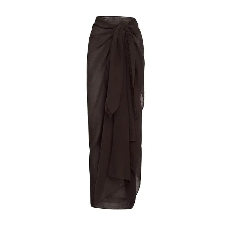 Beach Cotton Line Long Skirt Set For Women Brown Lace Up Cardigan High Slit Knot Skirts Summer 2 Pieces Vacation Beach Outfits