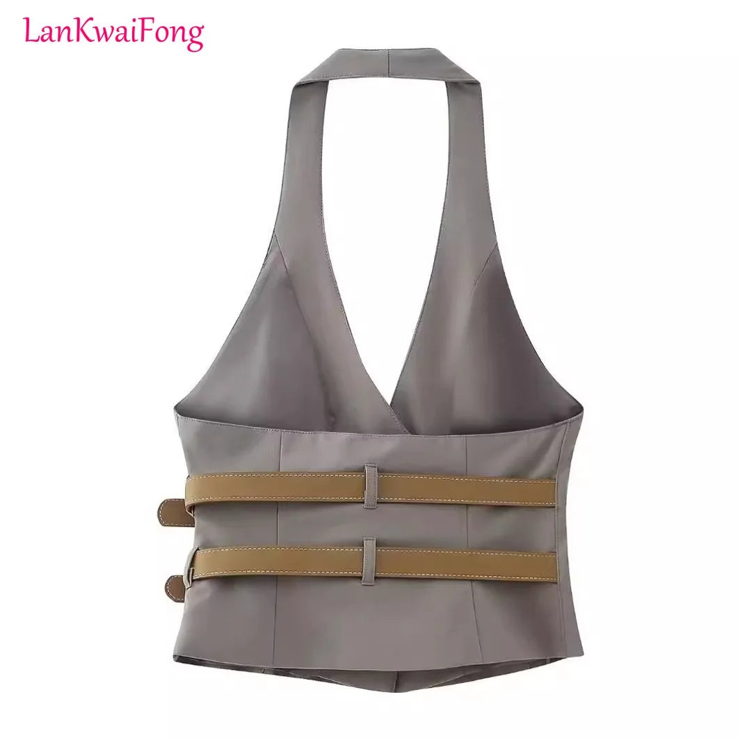 LKF Summer New Fashion Women's Street Style Backless Halter Belt Vest Top + Pants 2-piece Suit for Women