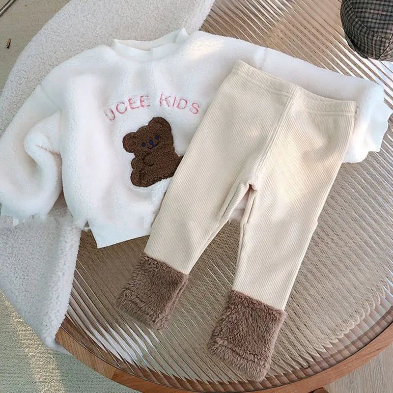 Winter Plush Children's Sets 2024 Cute Lamb Hair Little Bear Baby Clothes Set Thickened Kids Top Pant 2Pcs Set for Boys Girls White 2Pcs Set