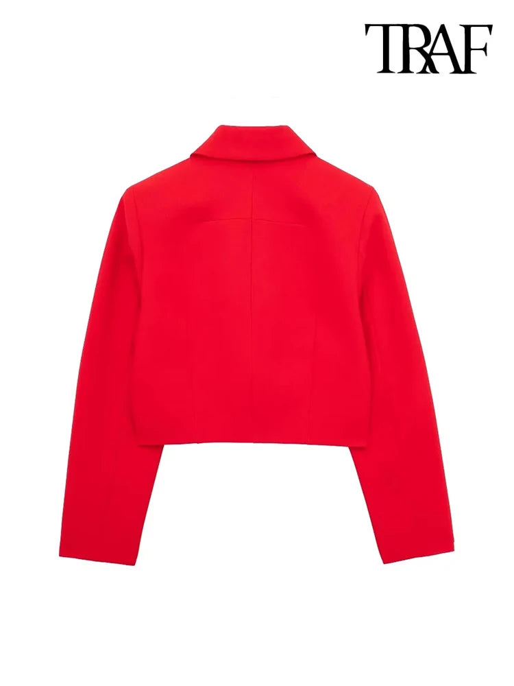 Women Fashion With Flaps Cropped Blazer Coat Vintage Long Sleeve Snap-button Female Outerwear Chic Tops