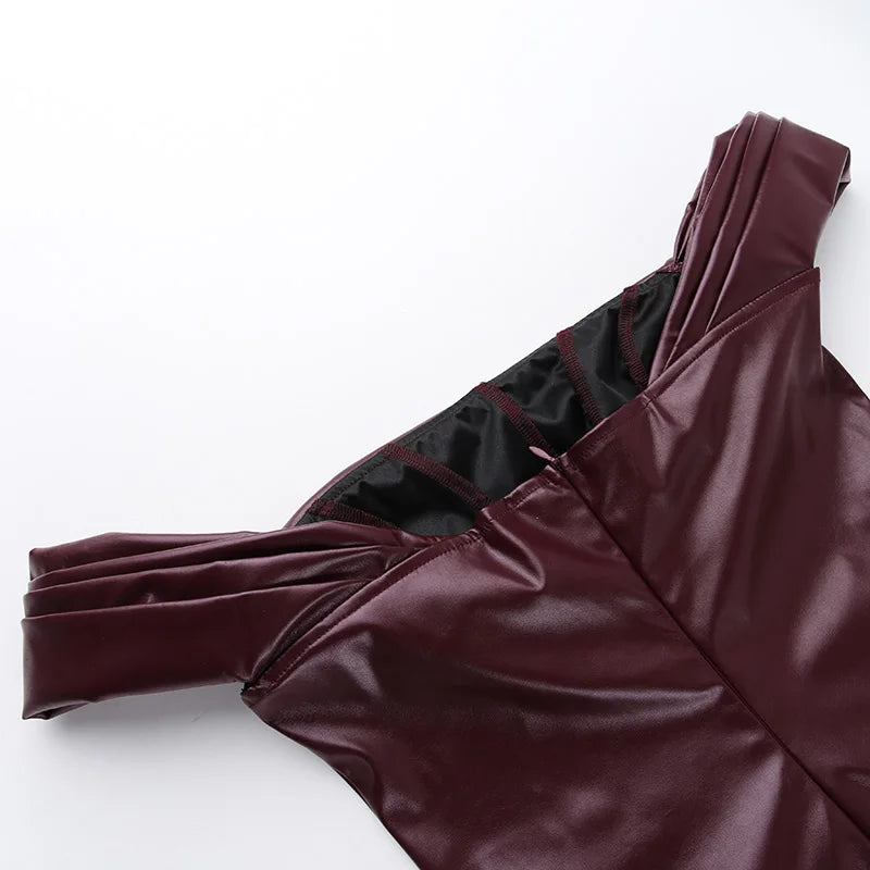 Women's Sexy Style Waist Shaping Drop Shoulder Sling Leather Dress One-Neck Smocked Long Skirt