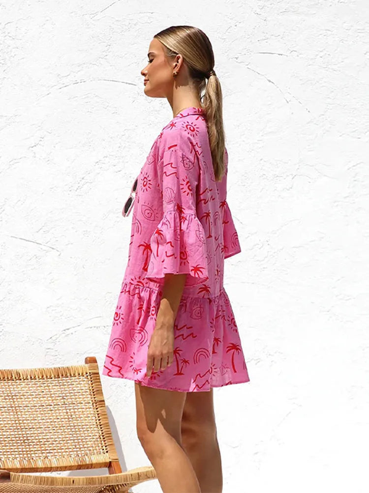 Print Flare Sleeve Ruffled Mini Women's Dress Elegant Shirt Collar Button Vestidos Spring Casual Loose Beach Female Dresses