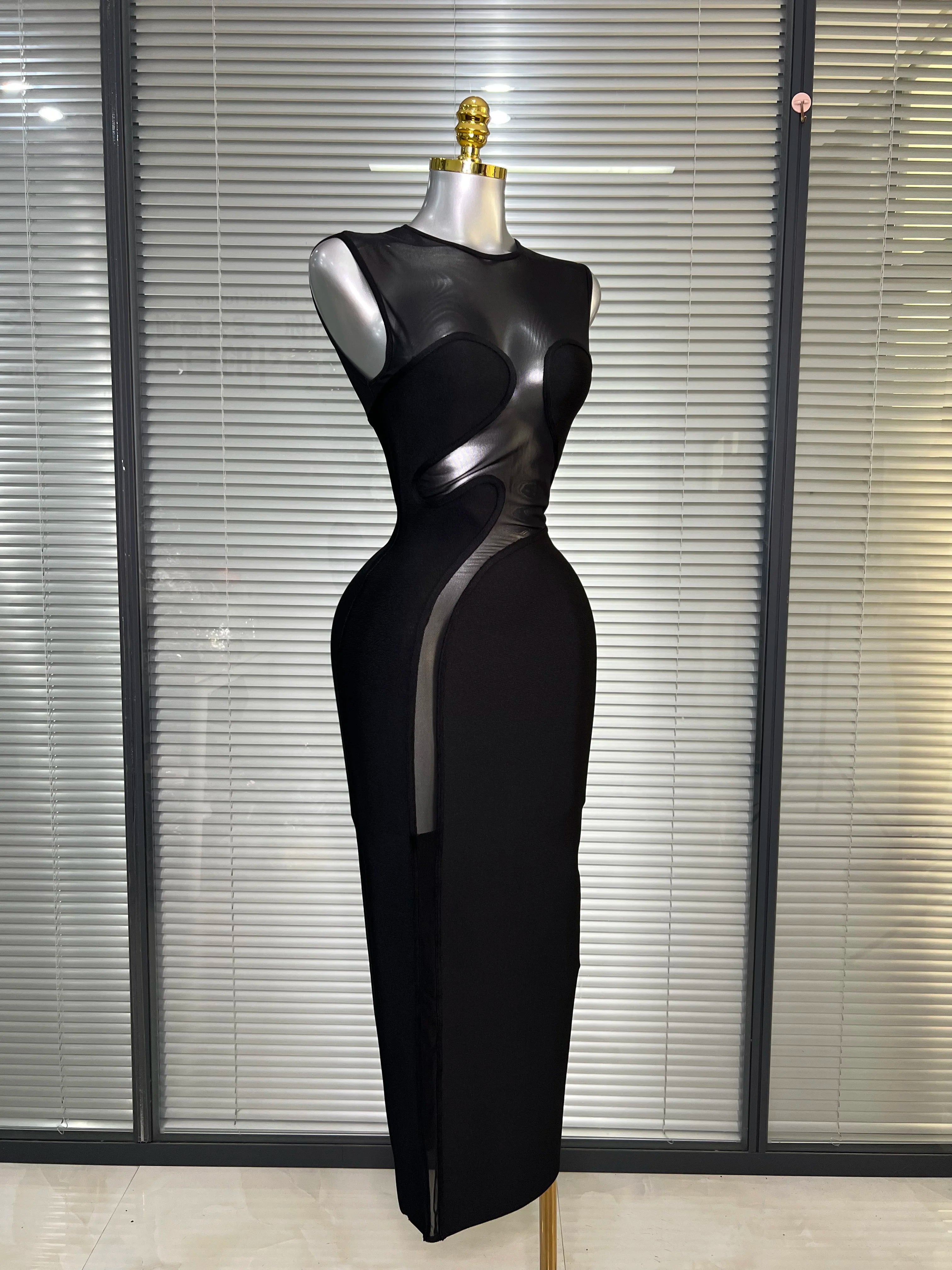 Ins New Women Black White Long Bodycon Bandage Dress Knitted Mesh Tank Evening Party Dress Vestido