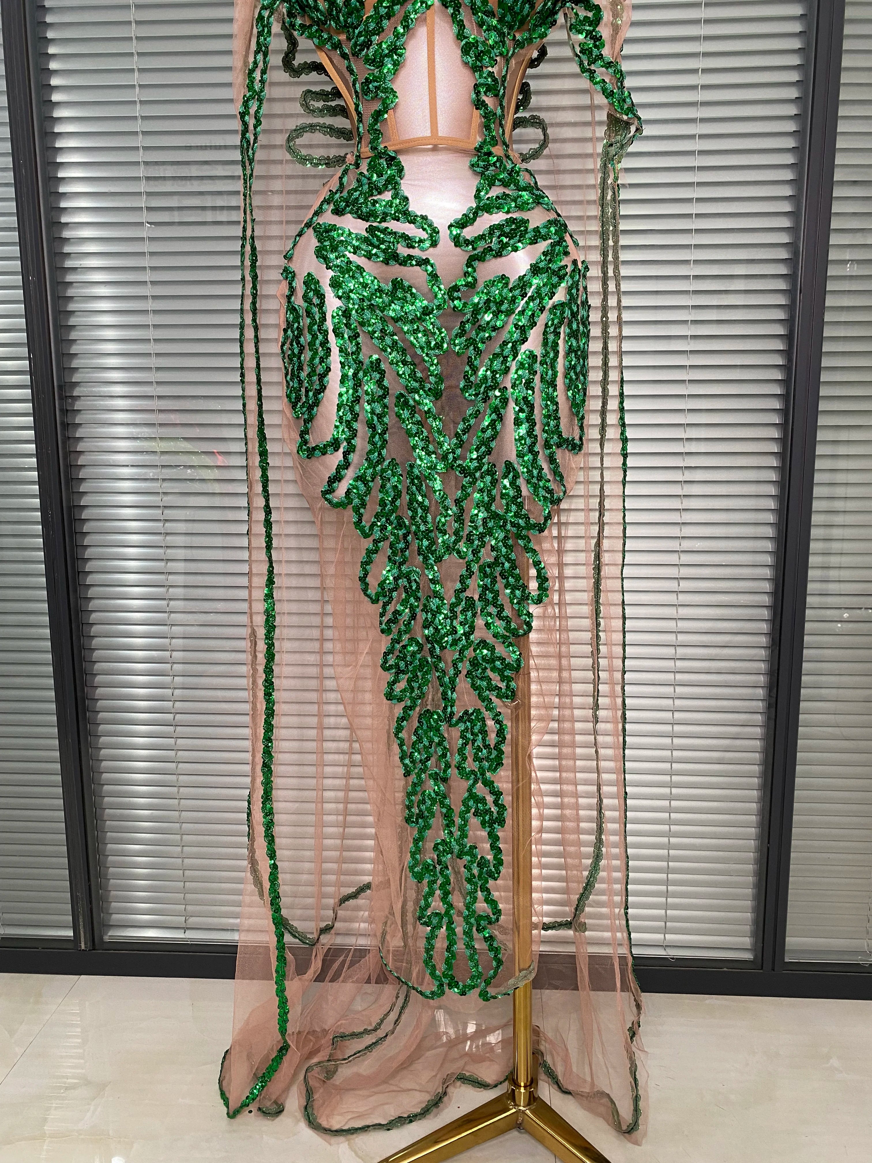New Women Sexy Mesh Sheer Sequins Green Maxi Dress See Through Party Costume Stage Performance Dress