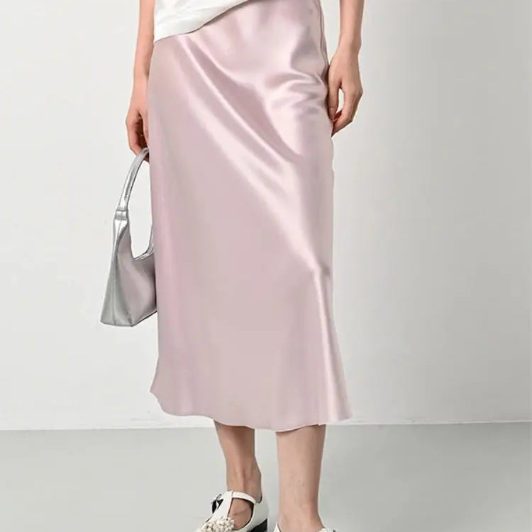 High Waisted Satin Long Skirts for Women Spring/Summer New Women's Skirt A-line Fashion Elegant Slim Fit Grey Black Skirt pink