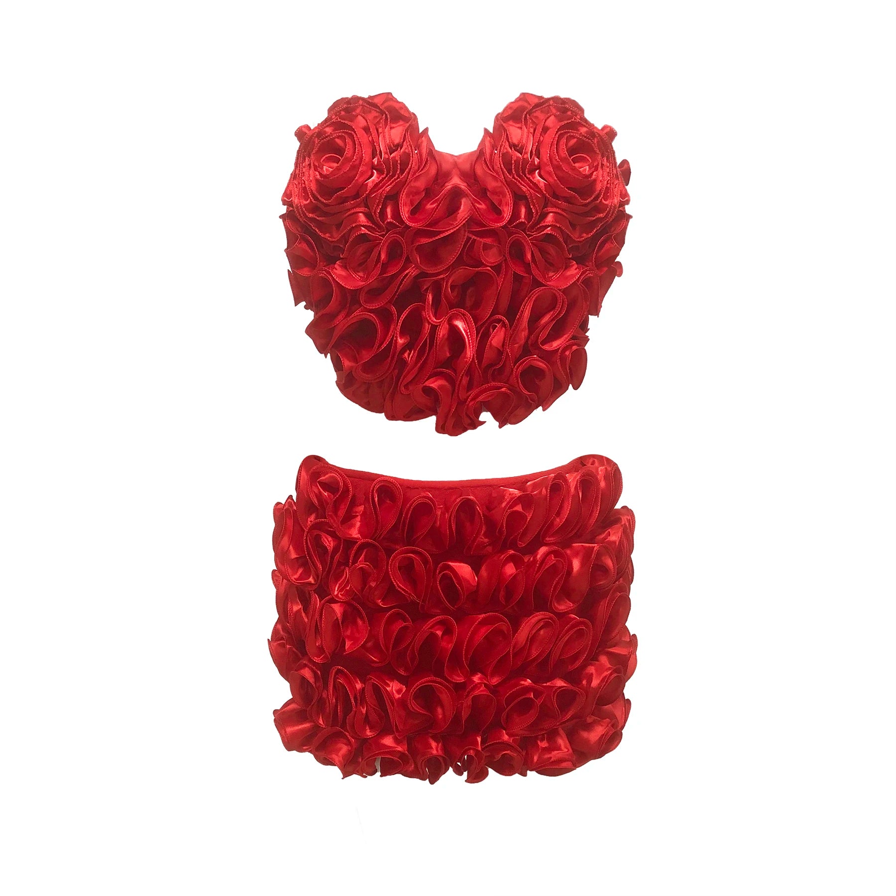 Red Color Women Birthday Party Rose Set Music Festival Outfit Short Sexy Strapless Tops And Mini Skirt  2 Pieces