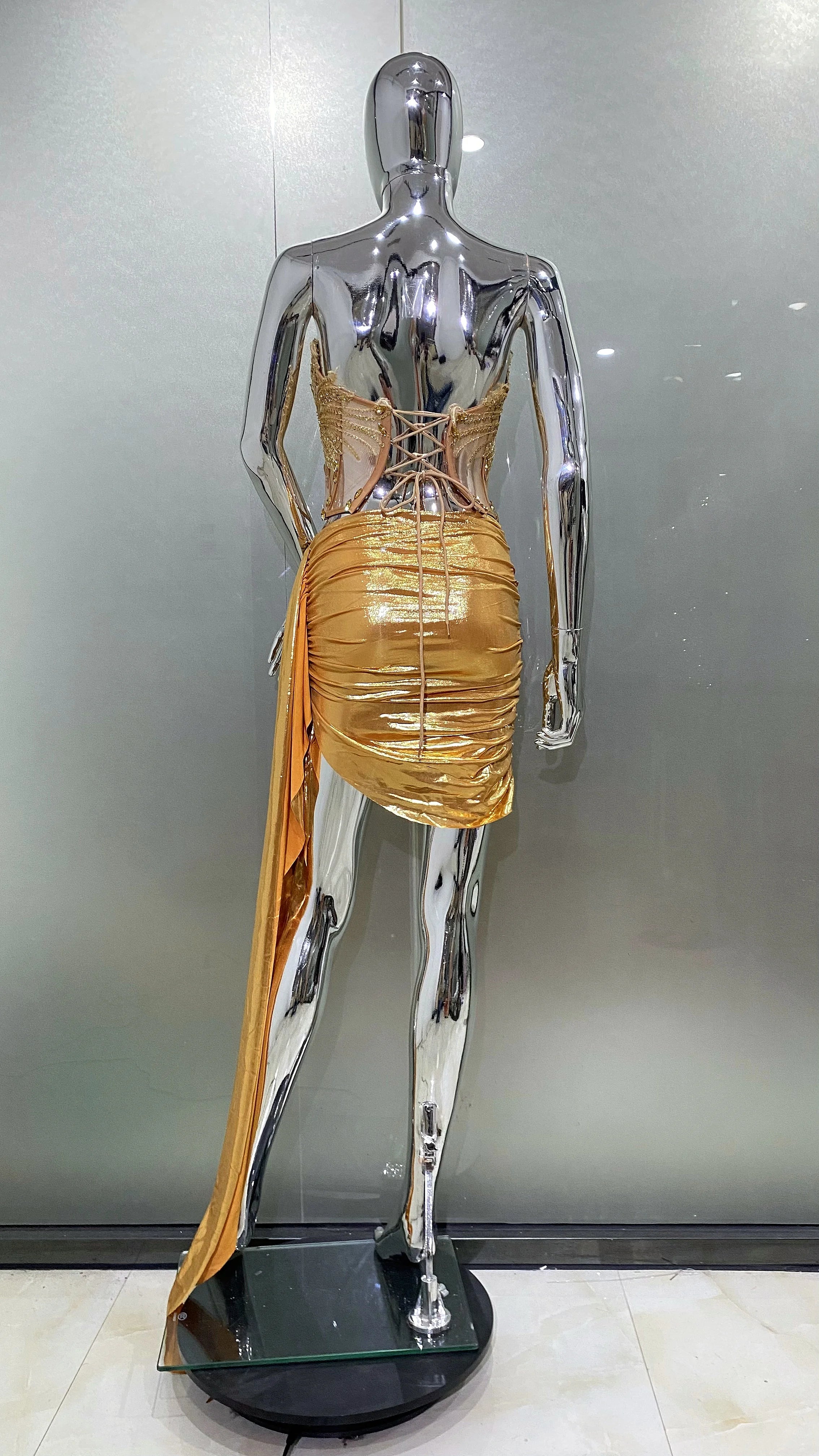 Golden Sparkling Diamonds Sexy See Through STrapless Top And Mini Skirt 2 Pieces Woman Set Party Vestido Performances Costume