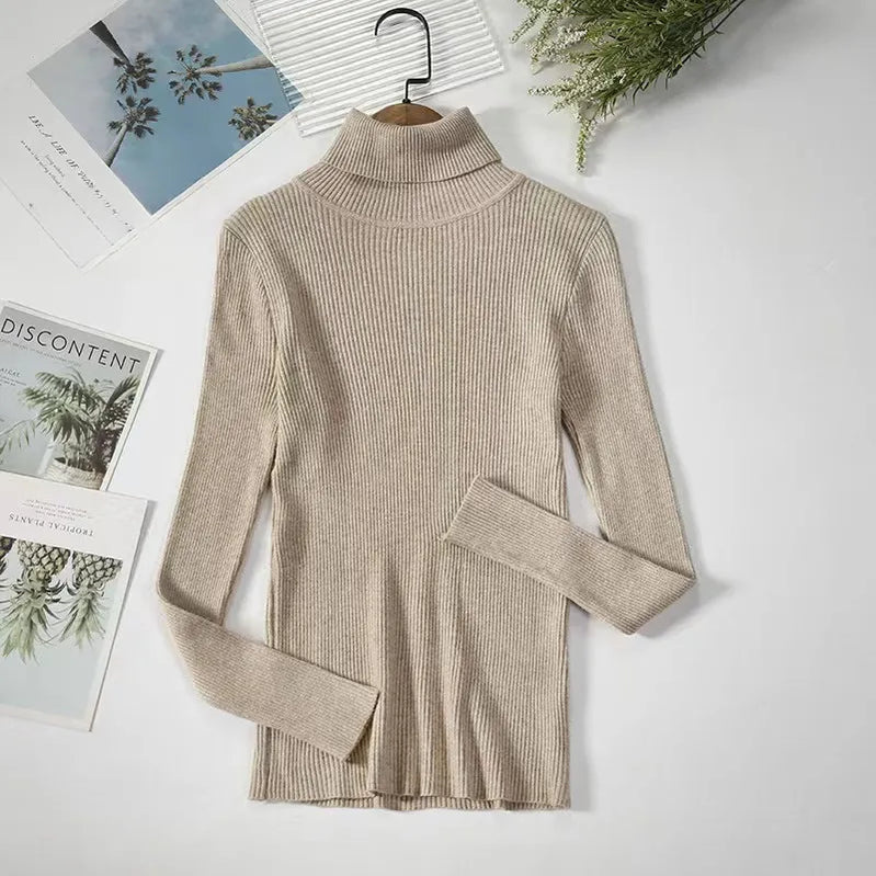 Thick Sweater Pullovers Long Sleeve Tops Women Autumn Winter Clothes Slim Knit Soft Jumper Streetwear Button Turtleneck Sweater khaki-3 One Size