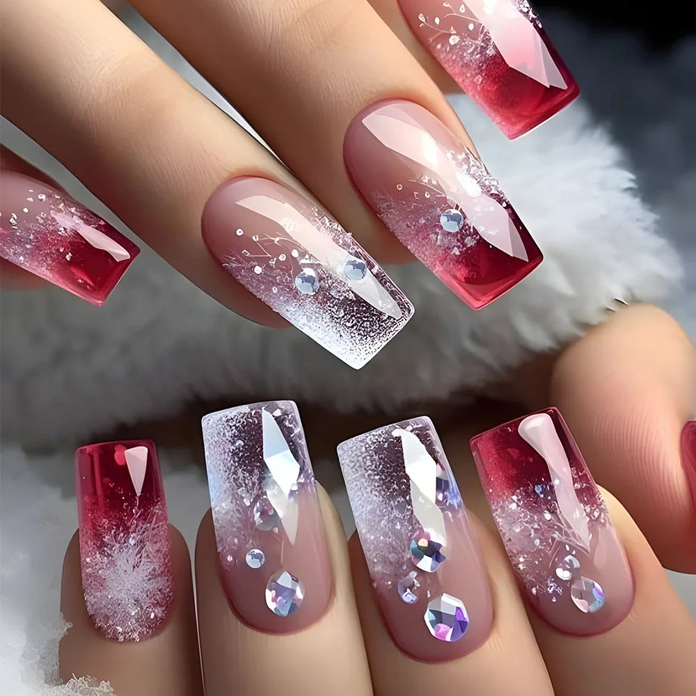 24pcs Mid-length French False Nails Leopard Print Gradient Design Fake Nail Ballet Datachable Press on Nails Finished Manicure