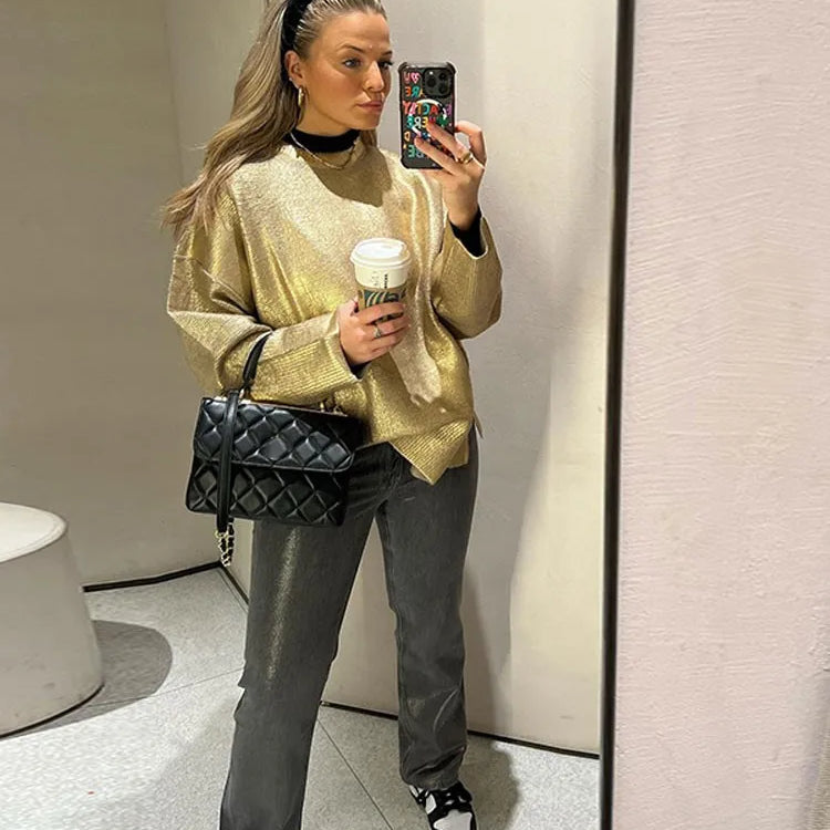 Women Solid O Neck Pullover Top Elegant Loose Long Sleeve Gold Sweatshirt Autumn Female Fashion Casual Shinny Outerwear