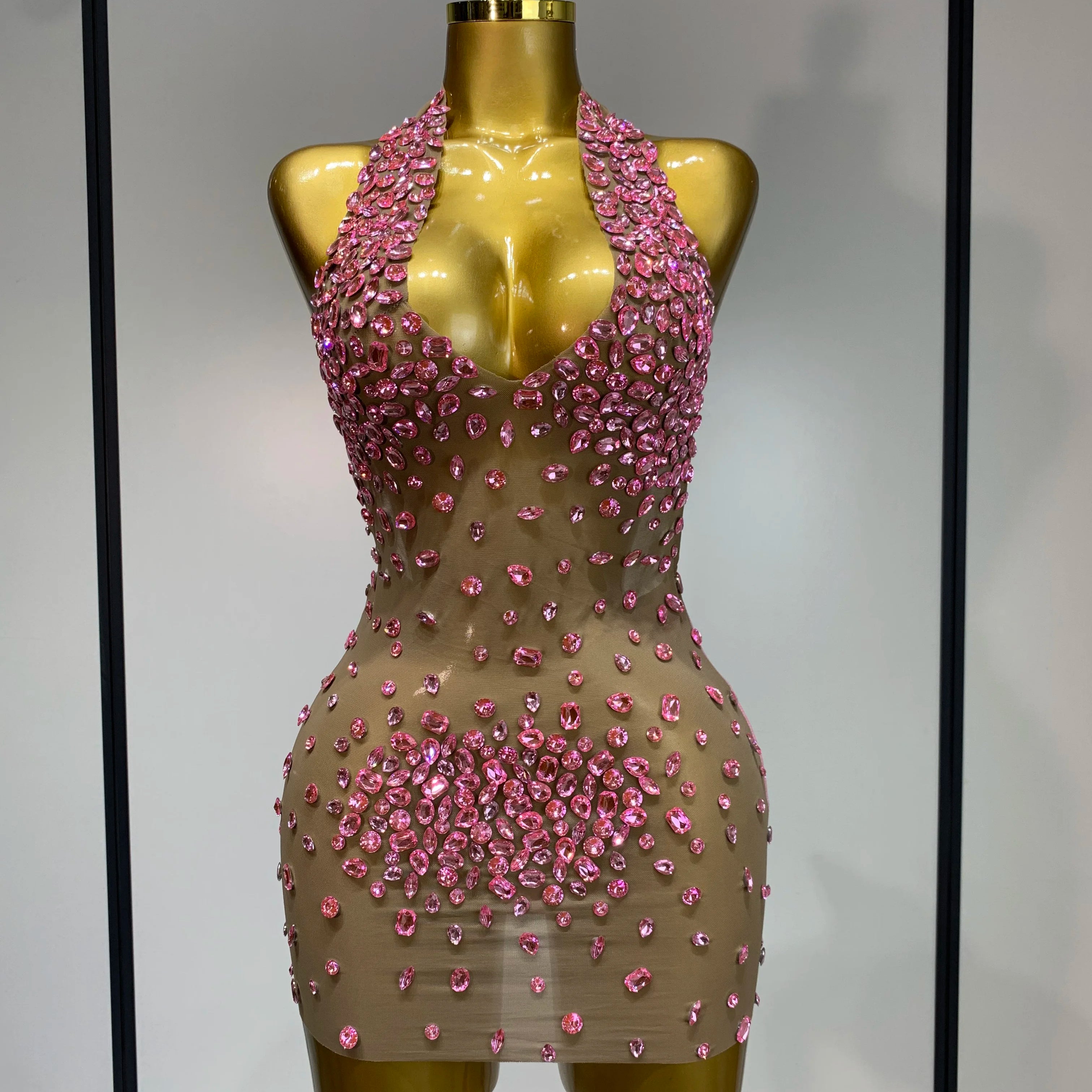 Luxury Rhinestones Backless Mini Dress Women Sexy Mesh Transparent Celebrate Evening Birthday Photo Shoot Perform Stage Outfit