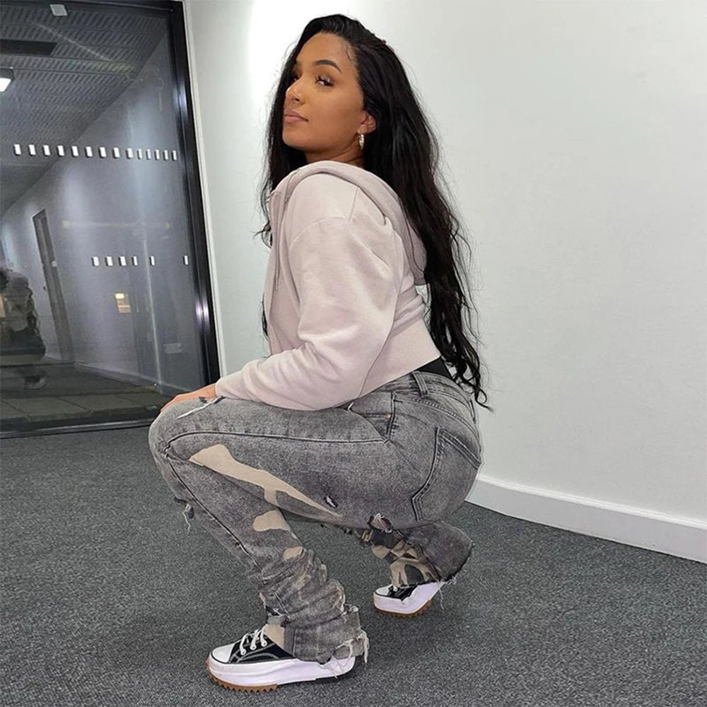 Y2K Retro Sifreyr Ripped Hole Jeans Women Fashion Print High Waist Skinny Stacked Denim Pants Grey Streetwear Elastic Trousers