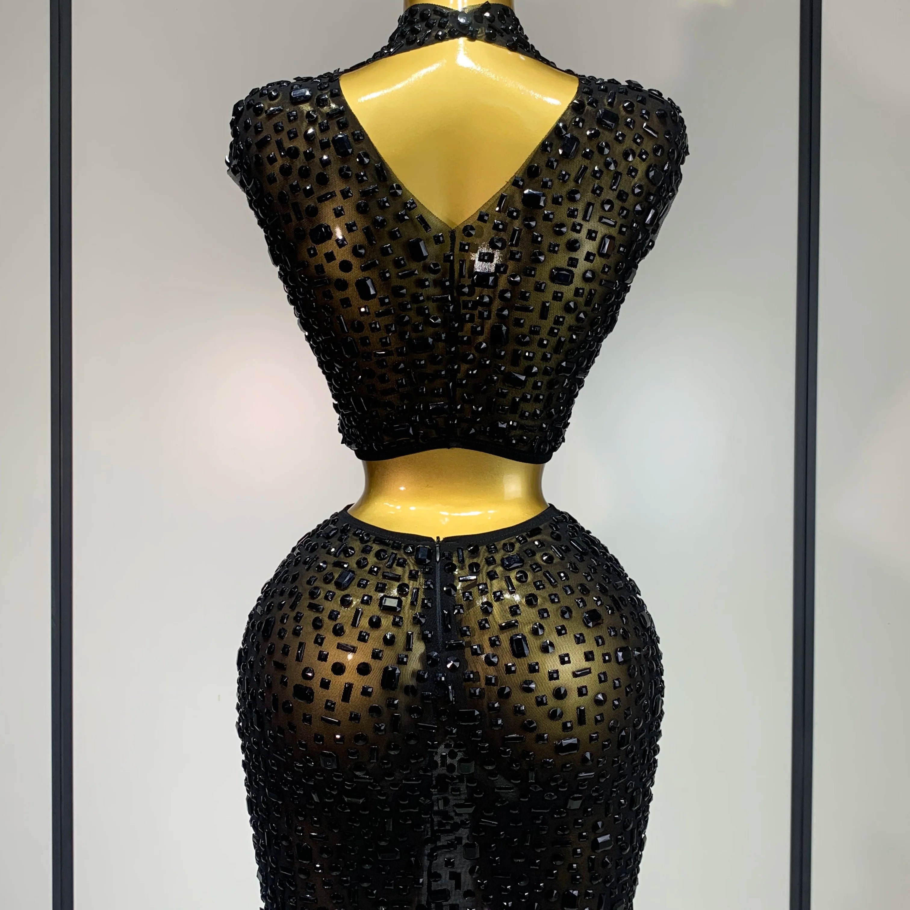 Luxury Rhinestone Mesh See Through Celebrate Birthday Dress Sparkly Top Short Skirt Two Pieces Sets Performance Stage Costume