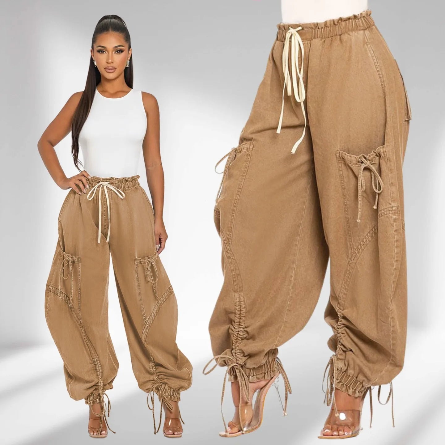 CM.YAYA Women Streetwear Drawstring Fashion Fly Denim Pants 2024 Autumn Loose Safari Style Cargo Harem Hip Hop Jeans