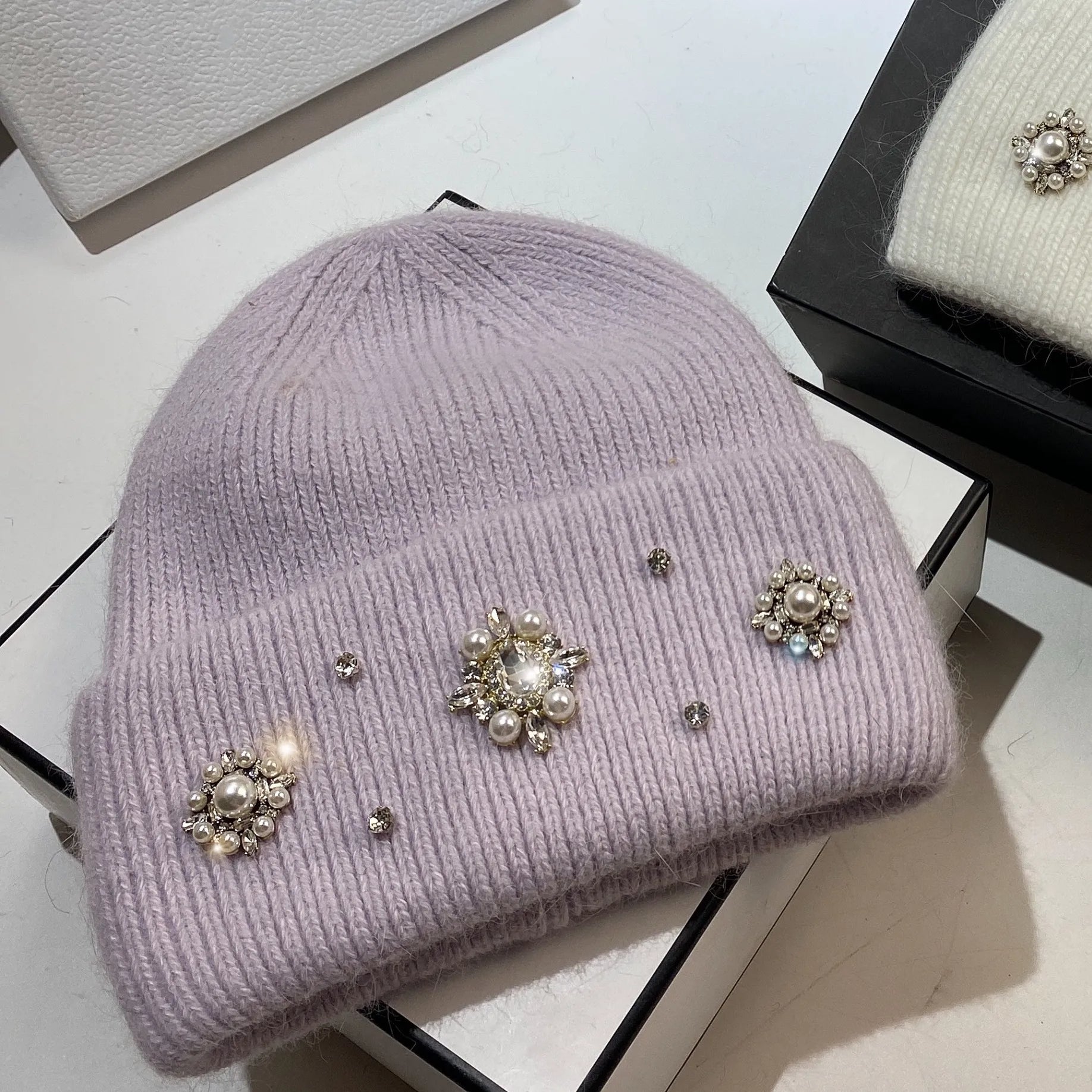 Designer Brand Women Luxury Rhinestones Knitted Hat Autumn Winter Rabbit Fur Beanie Cap Female Thicken Warm Skullies Caps Light Purple