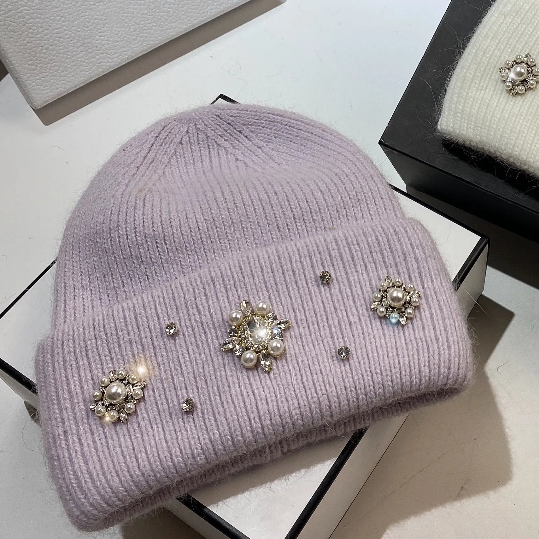 Designer Brand Women Luxury Rhinestones Knitted Hat Autumn Winter Rabbit Fur Beanie Cap Female Thicken Warm Skullies Caps Light Purple
