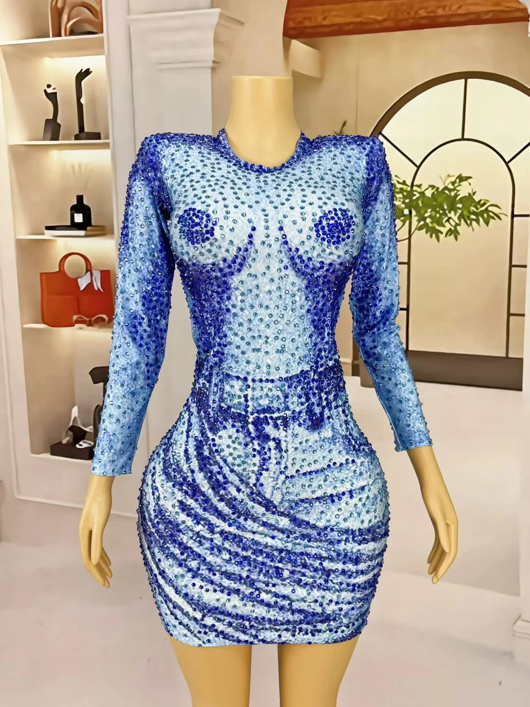 Fashion Sparkly Blue Rhinestones Long Sleeve Mini Dress Club Hot Girls Birthday Party Performance Show Skinny Dress Lanniuzai