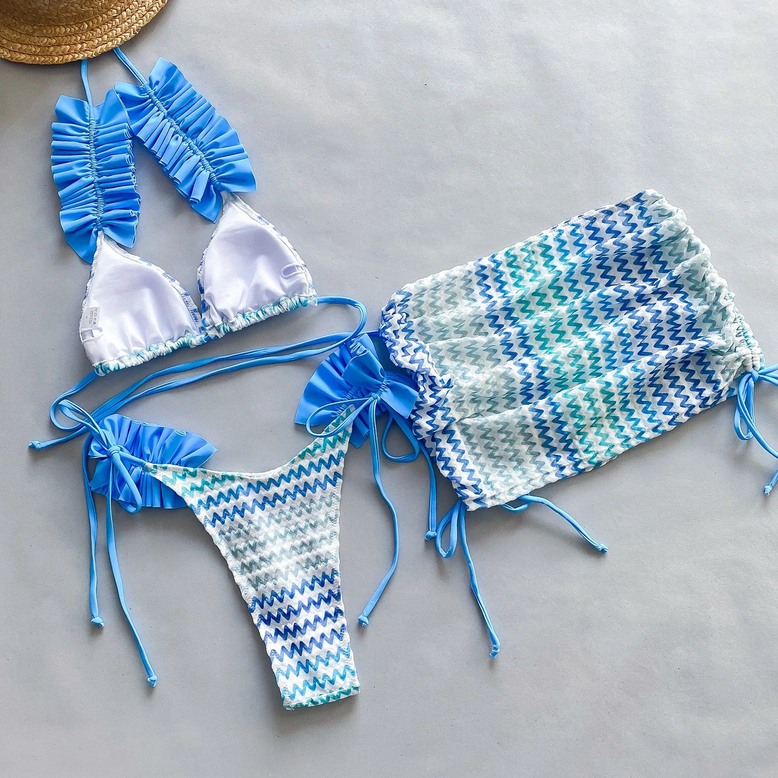 3 Pieces Bikini Women Swimsuit Female Swimwear Sexy Beachwear Swimming Suit Bathing Suit Bikini Set Skirt Zigzag Biquini