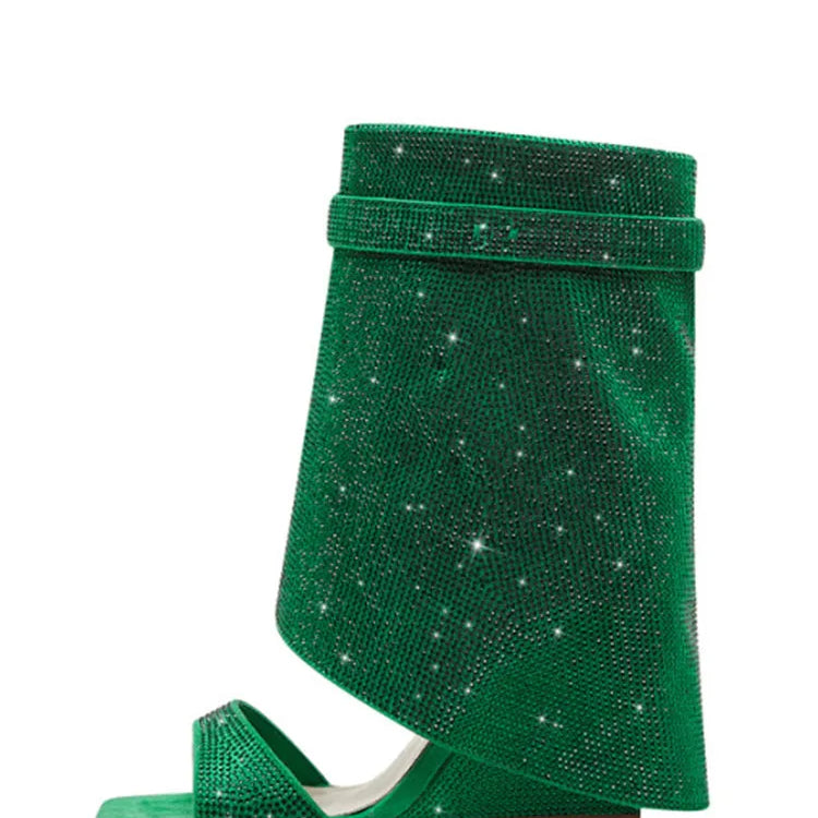 Summer New Rhinestone Cool Boots Fashion Square Head Side Zipper Open-toe Women's Short Boots Fashion Show Sexy Leg Boots green