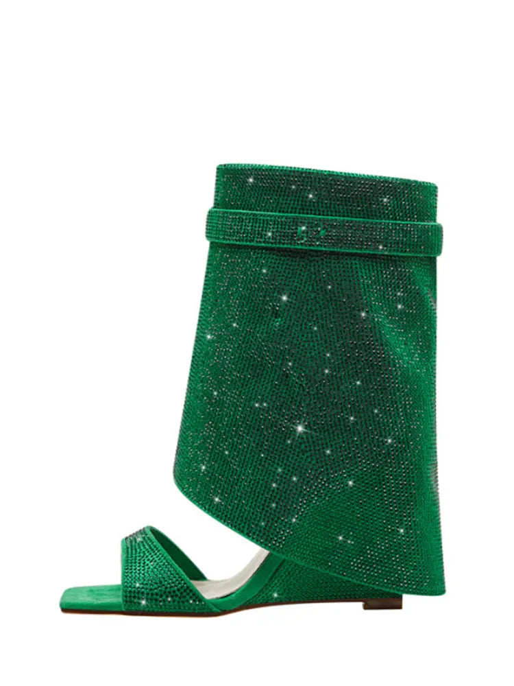 Summer New Rhinestone Cool Boots Fashion Square Head Side Zipper Open-toe Women's Short Boots Fashion Show Sexy Leg Boots green