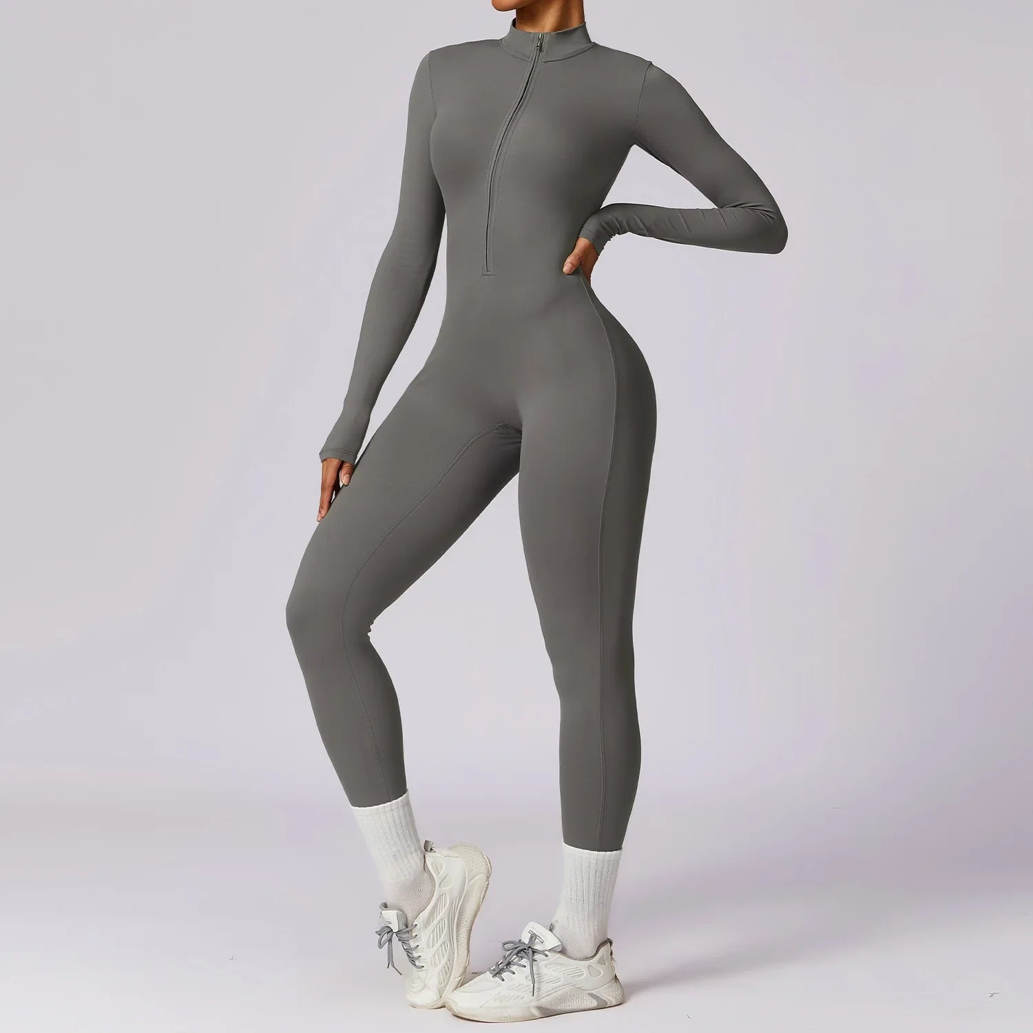 Yoga Jumpsuit Women Seamless Sports Zipper Jumpsuit Set Gym Long Sleeve Fitness Suit Elastic Gym Workout Bodysuit Athletic Wear Deep gray
