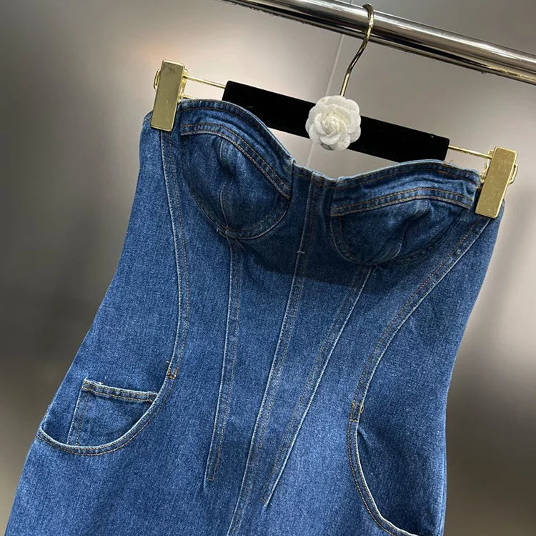 DEAT Line Up Waist Pocket Spiral Decoration Trendy Denim Dresses For Women Strapless Back Zipper Dress Spring 11XX3821