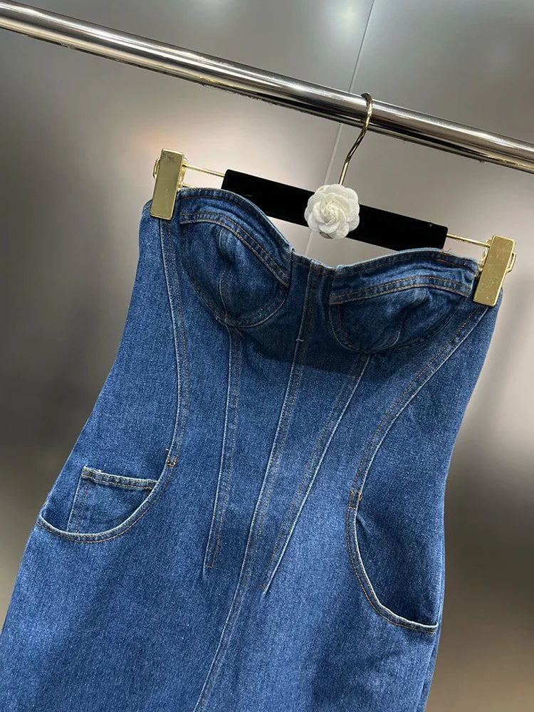 DEAT Line Up Waist Pocket Spiral Decoration Trendy Denim Dresses For Women Strapless Back Zipper Dress Spring 11XX3821
