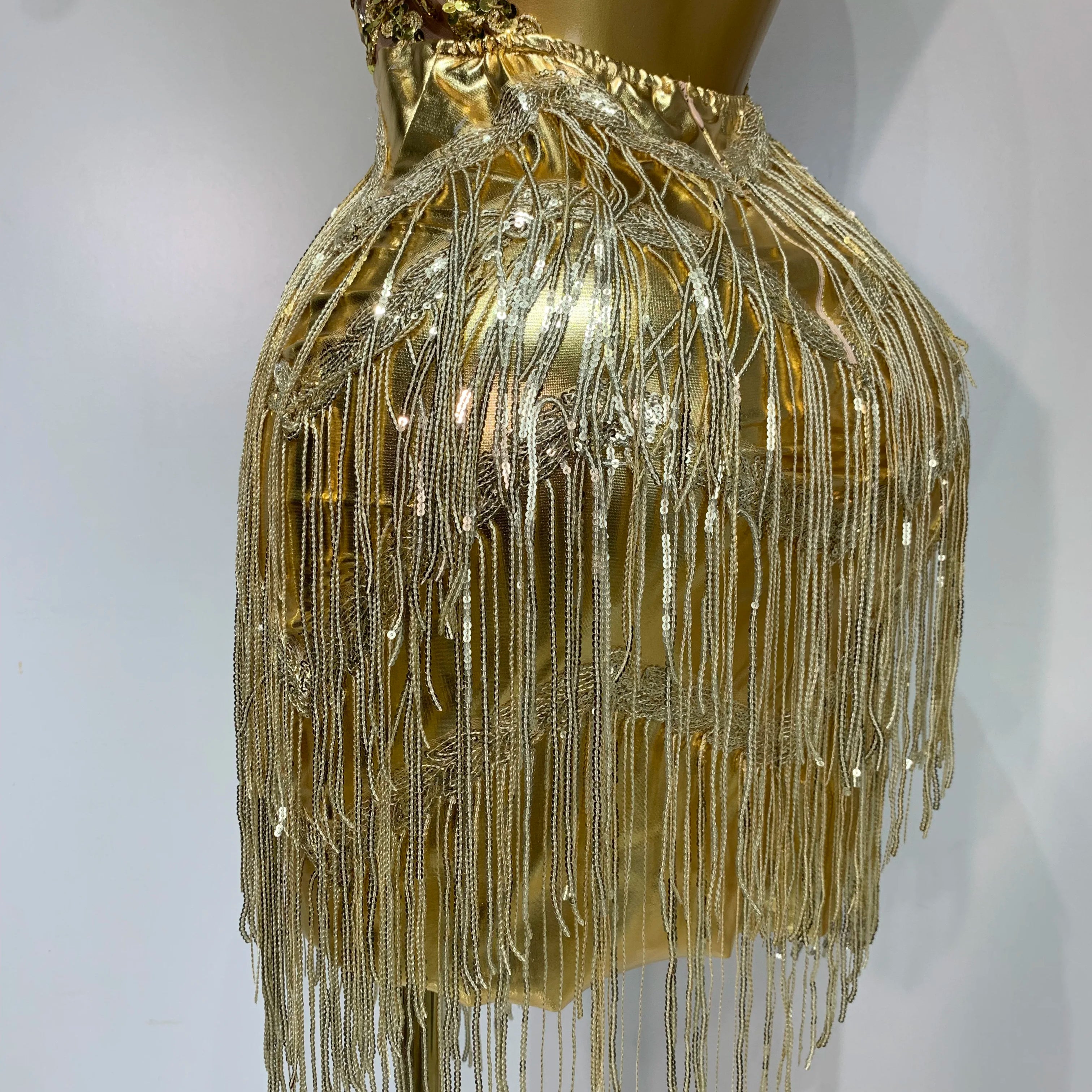 Women Birthday Party Rhinestones Tassels Transparent Short Dress Dance Show 2025 Sexy Fashion Gold Sparkly Stage Costume
