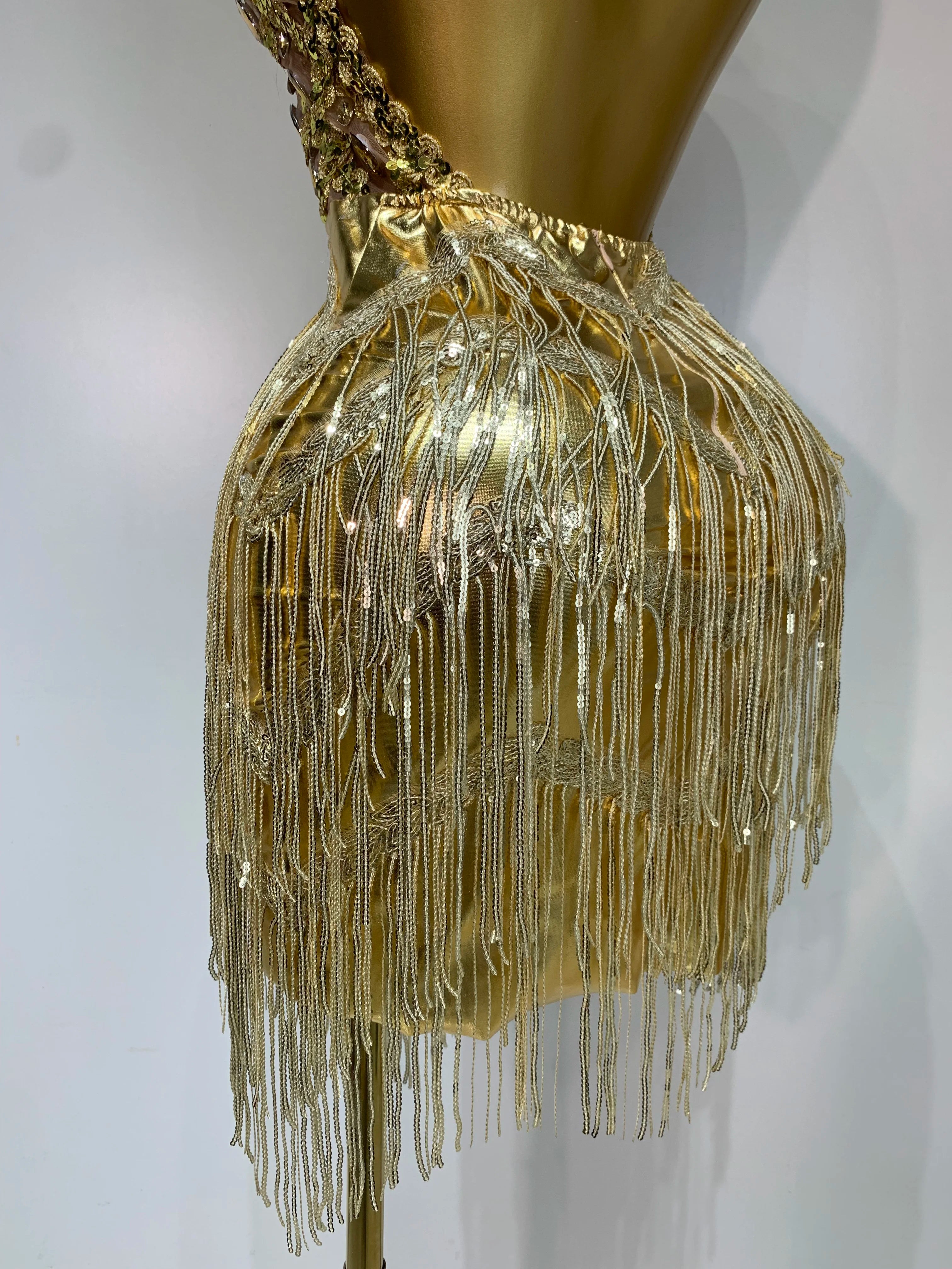 Women Birthday Party Rhinestones Tassels Transparent Short Dress Dance Show 2025 Sexy Fashion Gold Sparkly Stage Costume