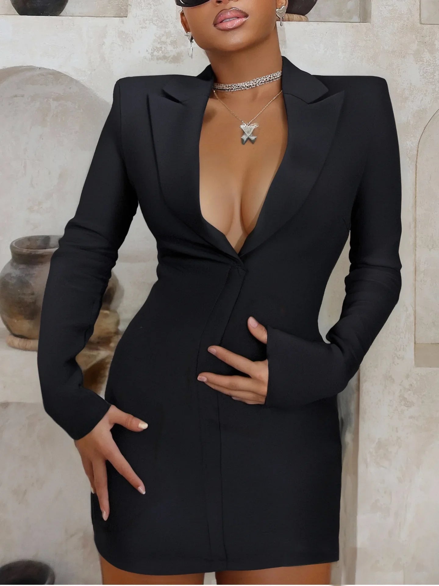 Women Long Sleeve Deep V-Neck Bodycon Mini Bandage Dress Celebrate Evening Party Nigthclub Birthday Outift