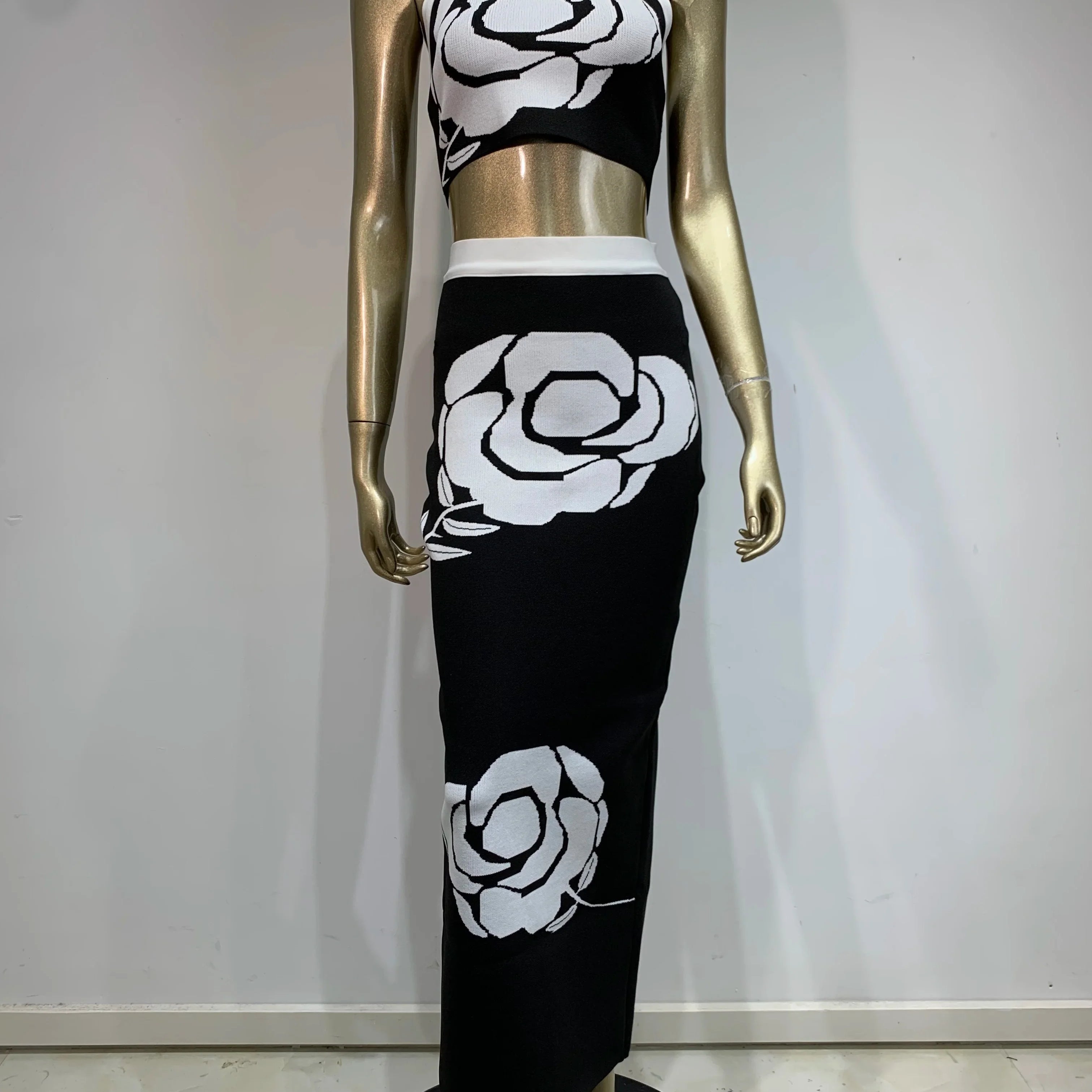 Conjunto feminino sexy de verão com costas nuas, tomara que caia, rosa, jacquard, preto, duas peças, saia, bandagem, designer de celebridades, moda feminina
