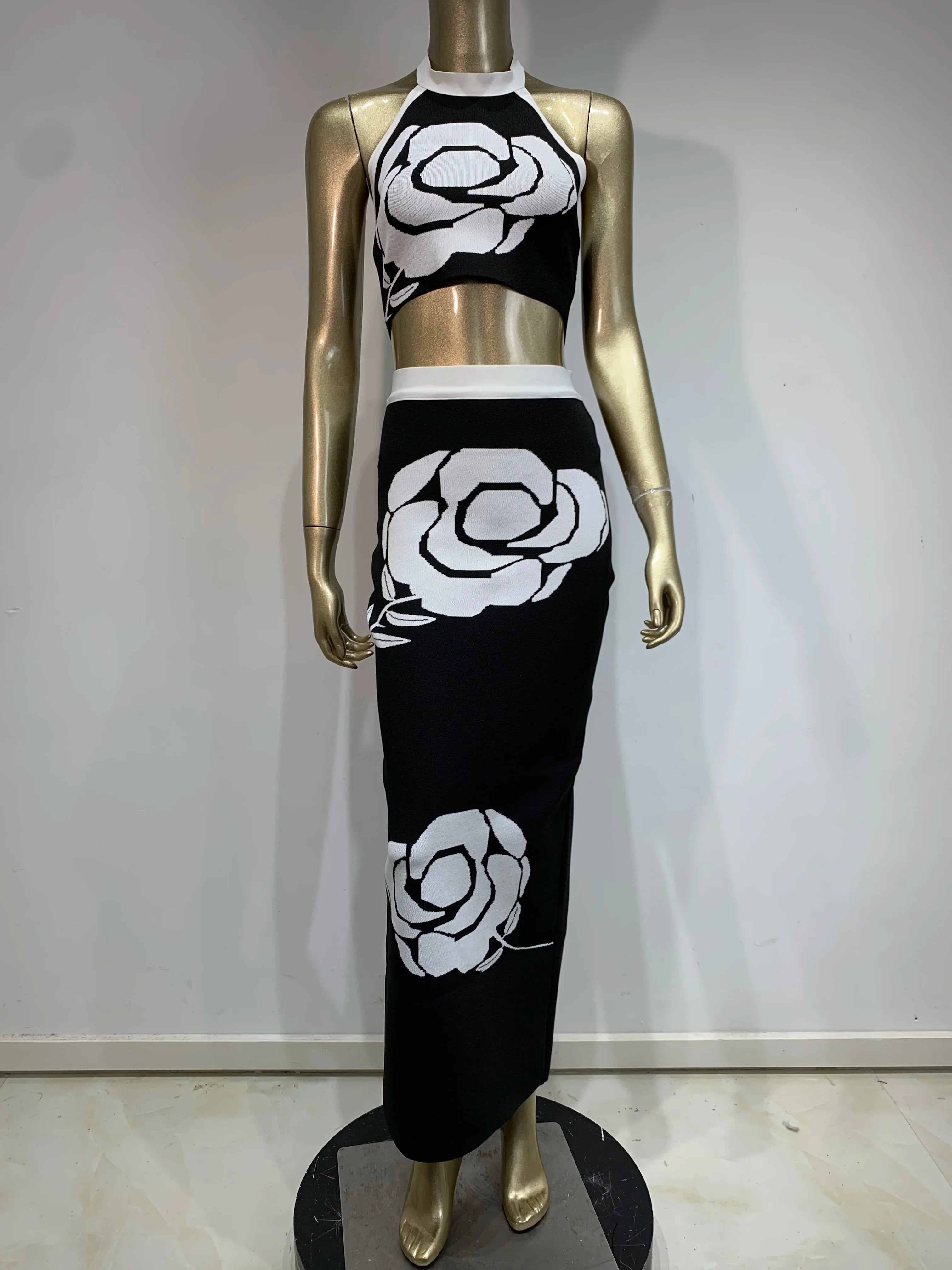 Conjunto feminino sexy de verão com costas nuas, tomara que caia, rosa, jacquard, preto, duas peças, saia, bandagem, designer de celebridades, moda feminina
