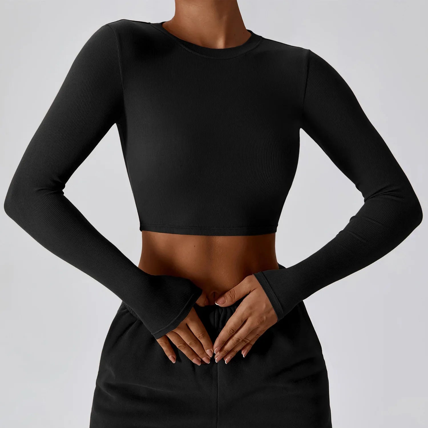 VITALINOVO Ribbed Crew Neck Cropprd Gym Tee Shirt Lightweight Basic Crop Tops Slim Fit Long Sleeve Workout Shirts for Women Black
