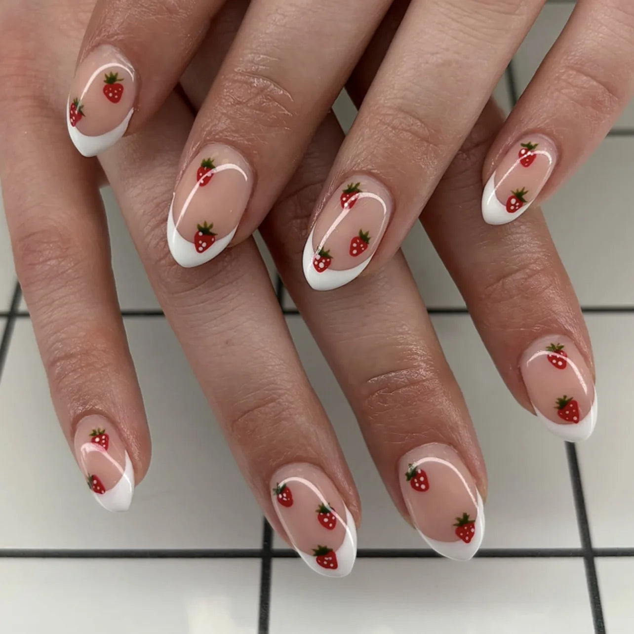 24pcs Short Almond Press on Nails Bohemia Bow Print Sweet Pink False Nail Tips Wearable Reusable Summer Simple French Fake Nails