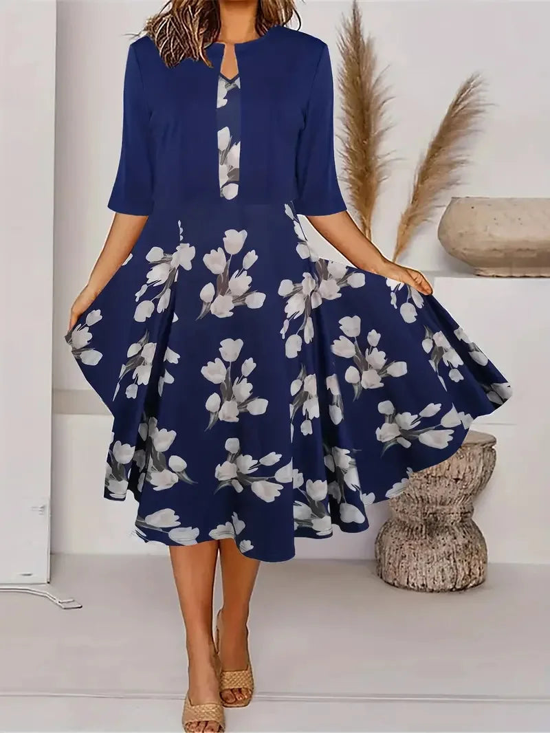 for summer 2024! Eu-us Fall Women's 2 long Dress Set - floral and grass print crew neck dress with chiffon short coat