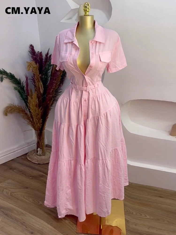 CM.YAYA Women Short Sleeve Single Breasted Belt Long Maxi Dress 2025 Street Birthday Evening Sexy Party Shirt Dresses Vestidos