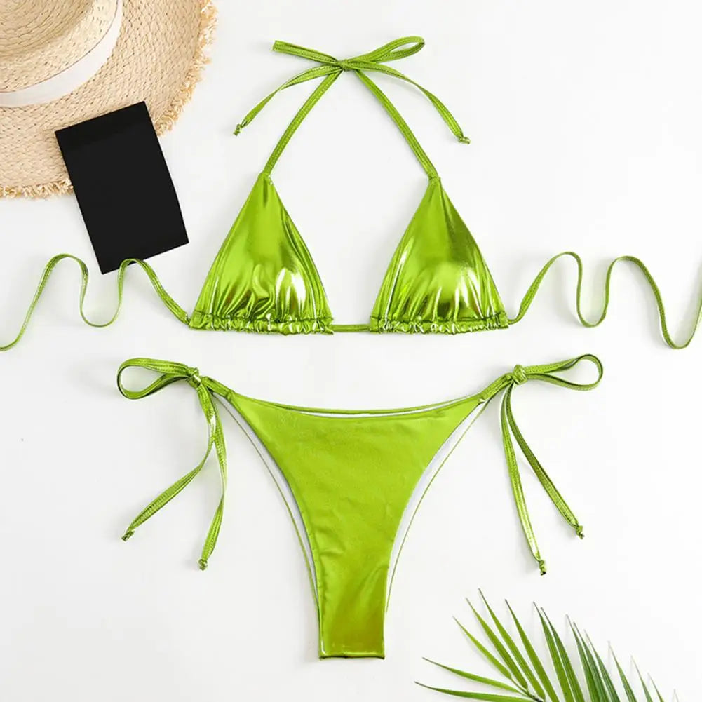 Bikini Women Swimsuit New Gold Halter Lace Up Bikinis Set Sexy Swimwear Beach Cover Up 2 Piece Beach Bathing Suit Female