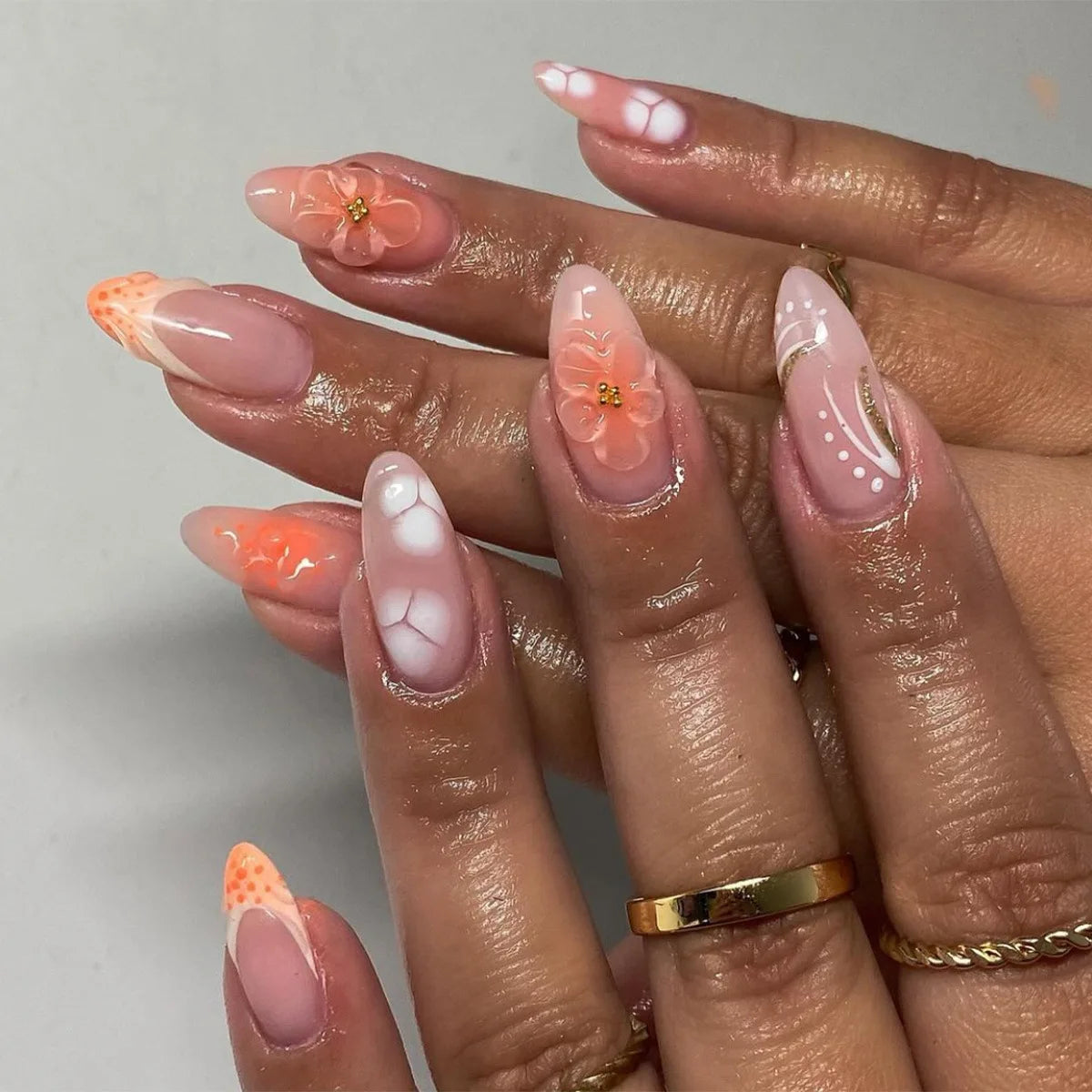 24Pcs Fashion Color 3D Flower Nail Tip French Vibrant Wearing Nail Art Short Almond Acrylic Manicure Set with Jelly Glue Summer