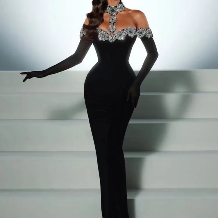 Vestido bandagem de verão 2025 feminino celebridade sexy diamantes cristal preto maxi longo bodycon elegante vestido de festa de clube à noite