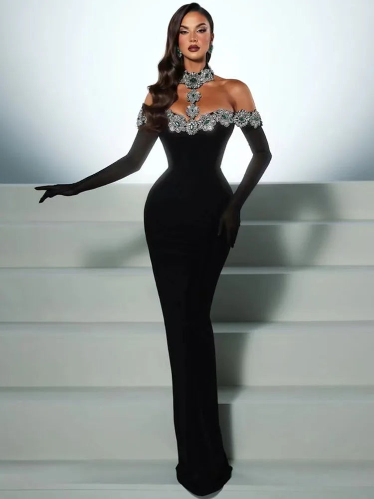 Vestido bandagem de verão 2025 feminino celebridade sexy diamantes cristal preto maxi longo bodycon elegante vestido de festa de clube à noite
