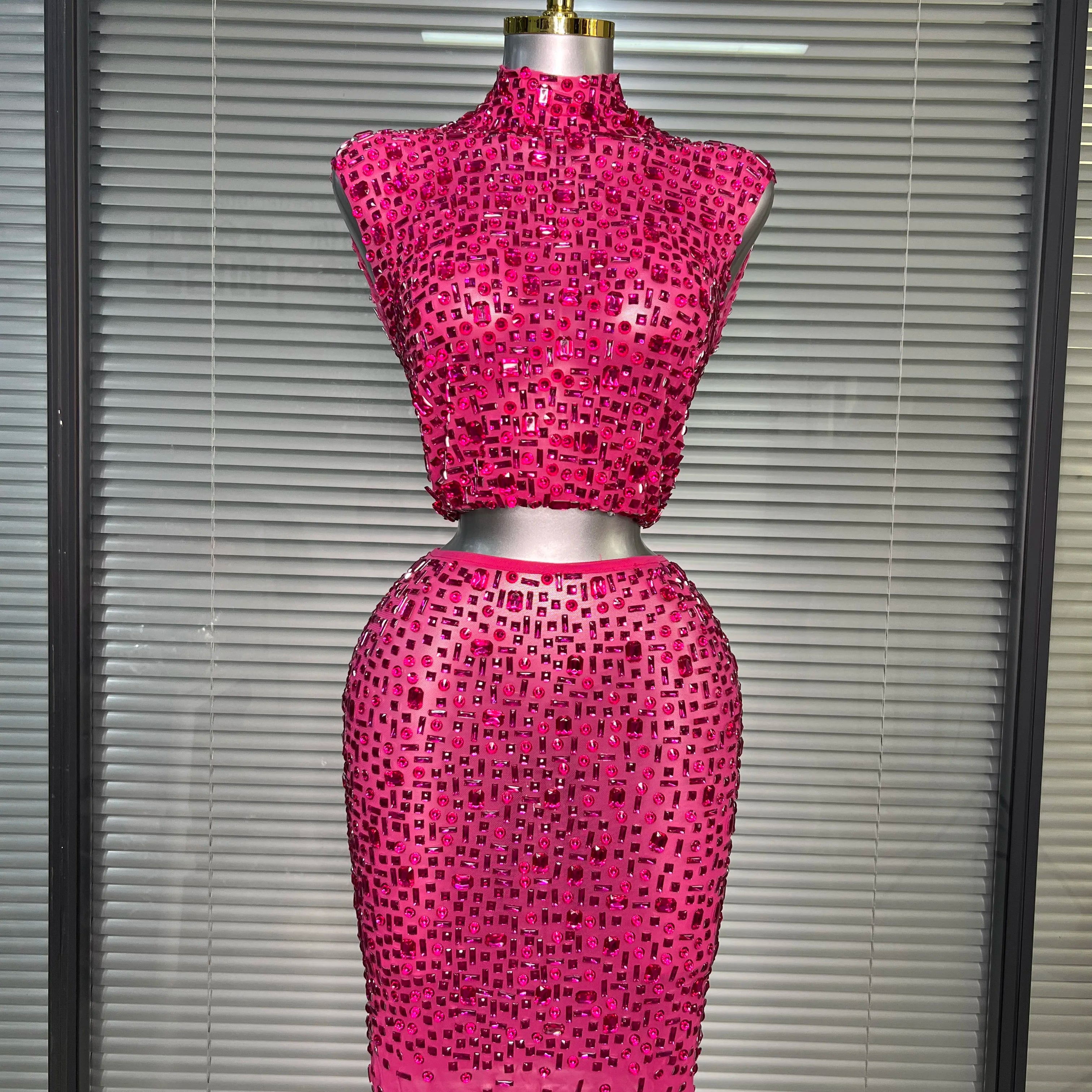 Women Sexy Two Pieces Set Women Hot Pink Crystal Diamond Night Club Skirt Suits Singer Dancer See Through Stage Costume
