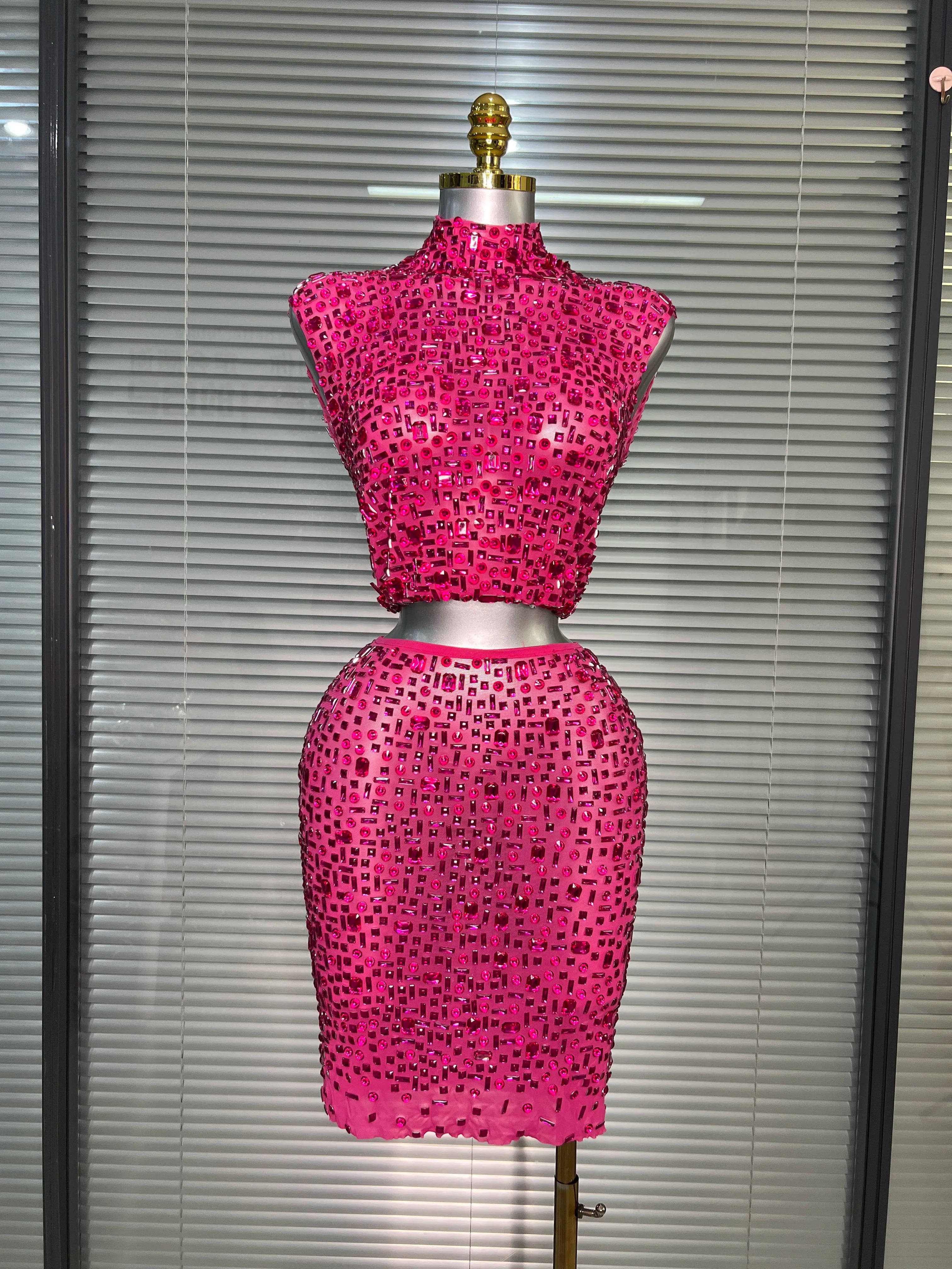 Women Sexy Two Pieces Set Women Hot Pink Crystal Diamond Night Club Skirt Suits Singer Dancer See Through Stage Costume