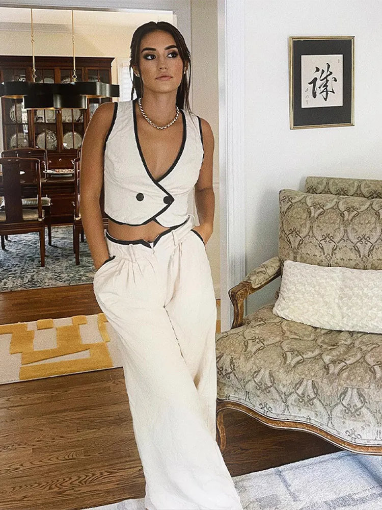 Womens Spliced V-neck Sleeveless Tank Top Suits Elegant Casual Pocket Wide Leg Pant Women 2 Piece Sets Vest Pants Outfit