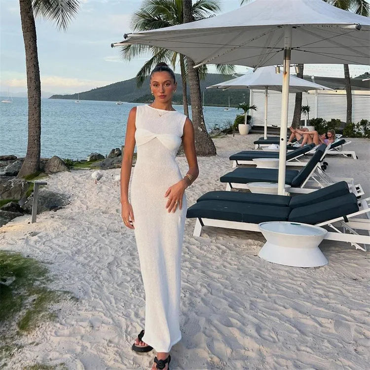 White Knitted Long Dress Women Sexy See Through Slim Beach Dress Summer Elegant Fashion Sleeveless Holiday Outfits Pink White