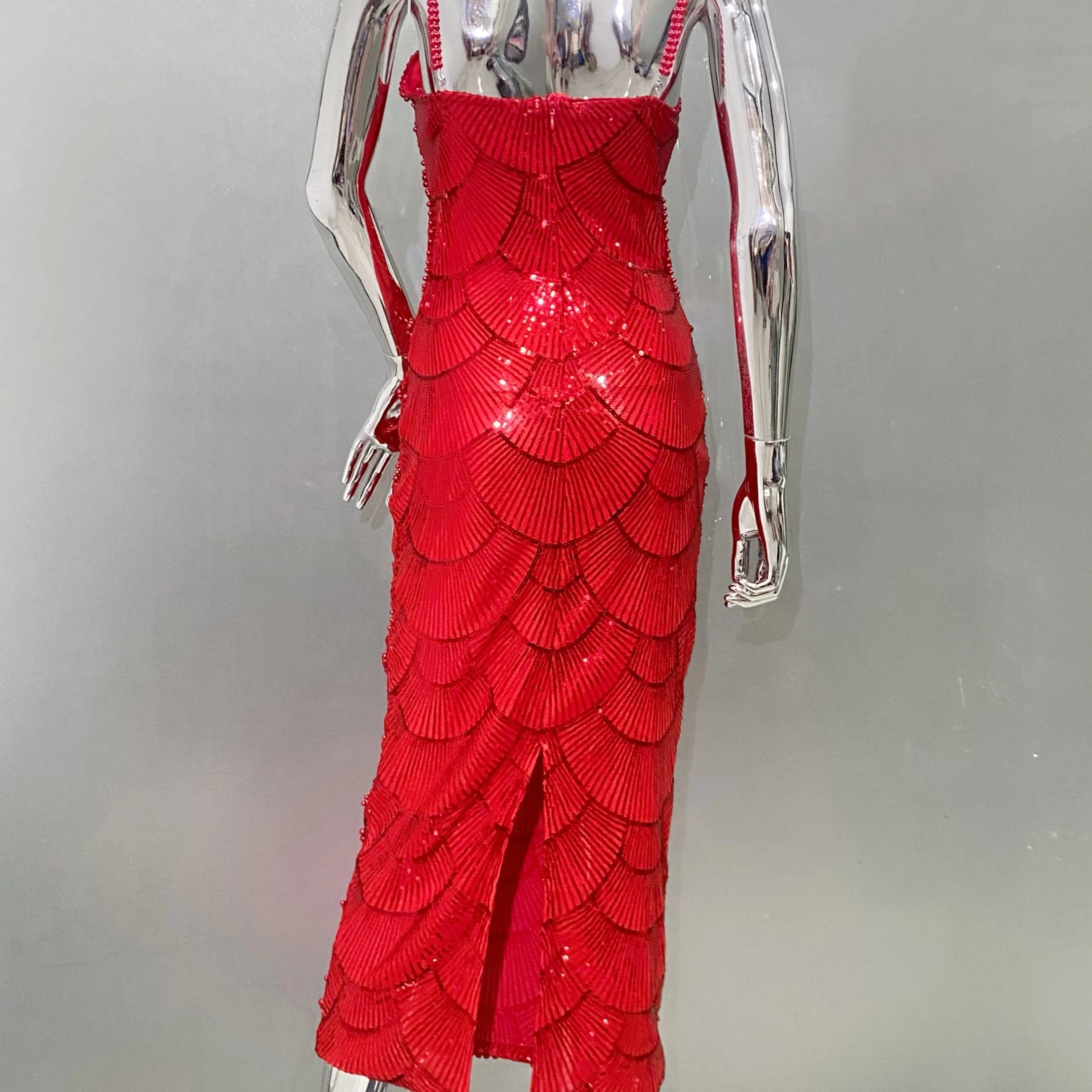 Red Color Women Sexy Strap Shinning Beading Sequins Bodycon Long Dress Celebrate Evening Party Cocktail Dress Wholesale
