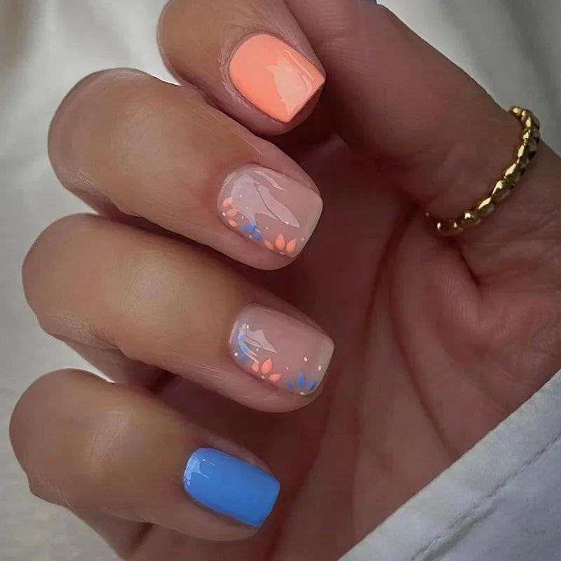 24Pcs Colorful Fake Nail Short Square Head False Nails Press on Sweet Flowers Design Wearable Nails Art Full Cover Manicure Tips